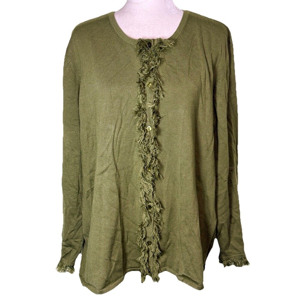 Women’s Olive Green Fringe Trim Cardigan Lagenlook Artsy Relaxed Cottagecore 2XL